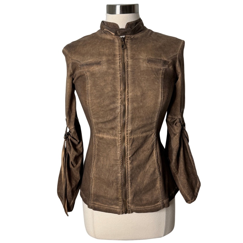 XCVI Brown Mineral Wash Utility Jacket Mock Neck Cinched Sleeve Womens XS